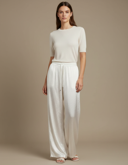 Pantalon Blanc Satiné Jacquard Fluide Ample Femme