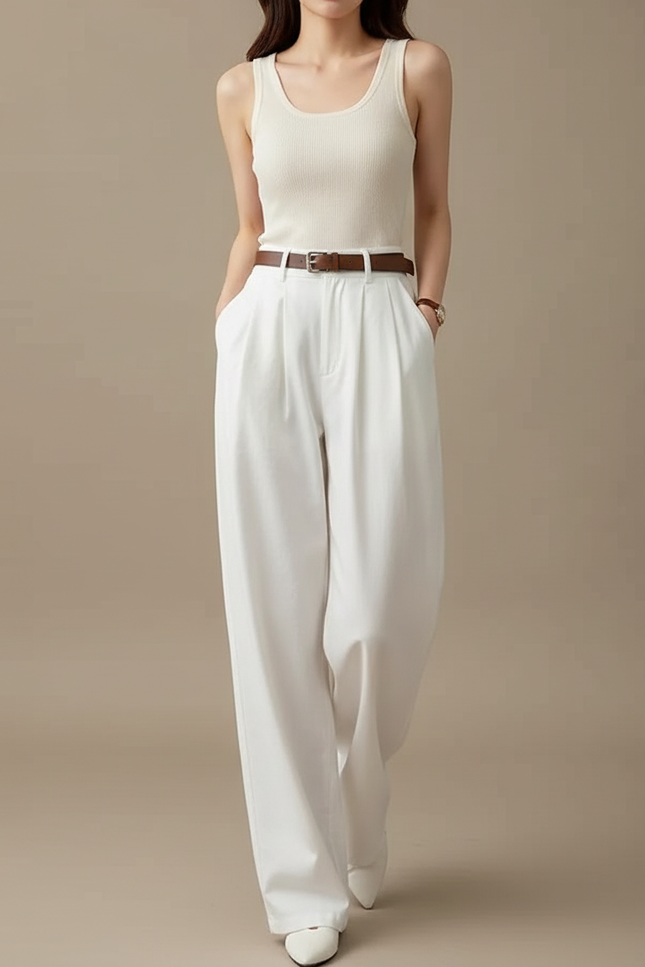 Pantalon Blanc Taille Haute Ample Fluide Élégant - Gabardine