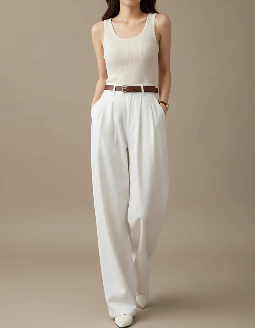 Pantalon Blanc Taille Haute Ample Fluide Élégant - Gabardine