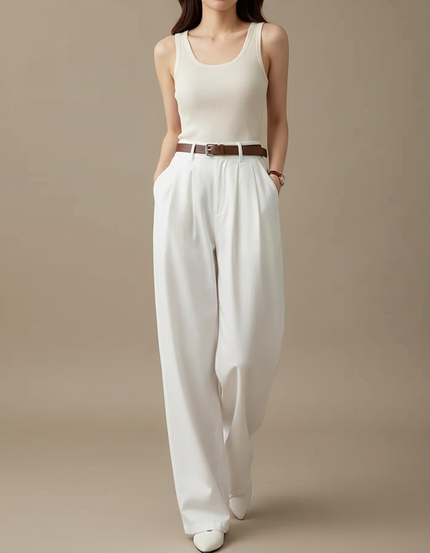 Pantalon Blanc Taille Haute Ample Fluide Élégant - Gabardine
