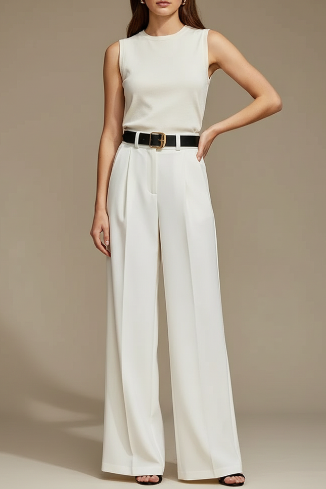Pantalon Blanc Ample Fluide Taille Haute Élégant - Viscose