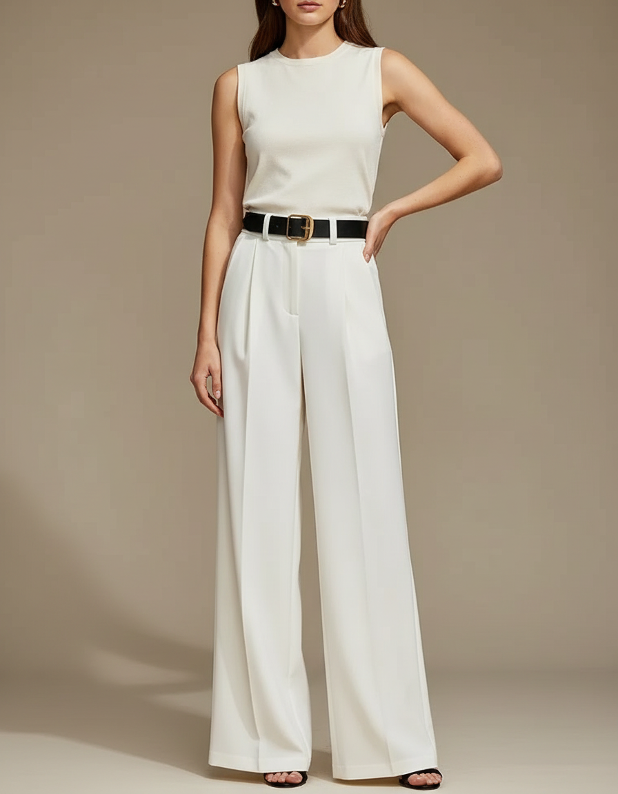Pantalon Blanc Ample Fluide Taille Haute Élégant - Viscose