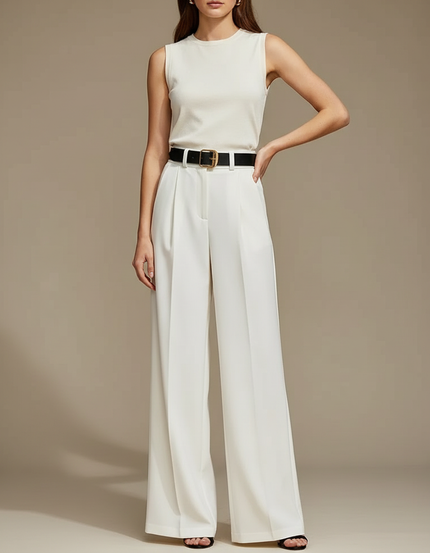 Pantalon Blanc Ample Fluide Taille Haute Élégant - Viscose