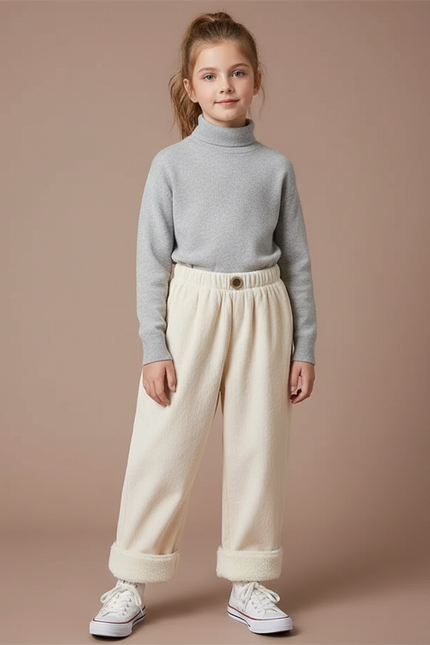 Pantalon Blanc Côtelé Ample Droit Enfant Doublé Polaire - Beige Molleton