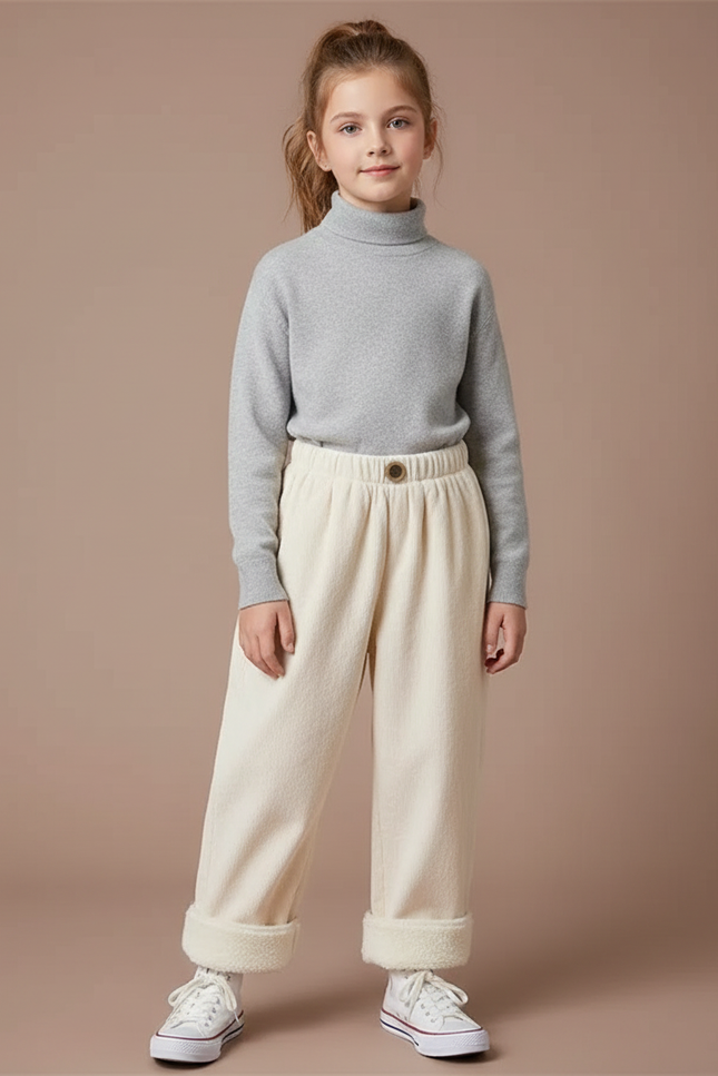 Pantalon Blanc Côtelé Ample Droit Enfant Doublé Polaire - Beige Molleton