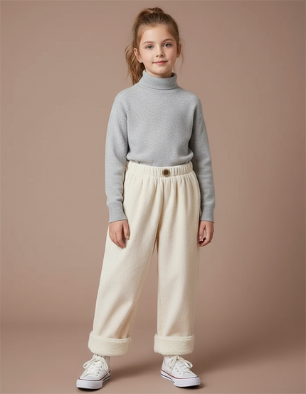 Pantalon Blanc Côtelé Ample Droit Enfant Doublé Polaire - Beige Molleton