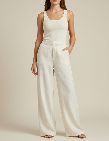 Pantalon Blanc Lin Taille Haute Ample Droit Élégant - Beige