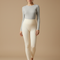 Pantalon Blanc Crème Côtelé Taille Haute Moulant Femme - Beige Maille