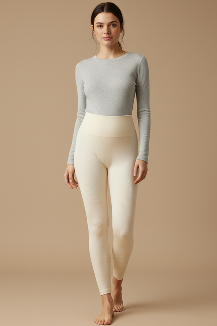 Pantalon Blanc Crème Côtelé Taille Haute Moulant Femme - Beige Maille