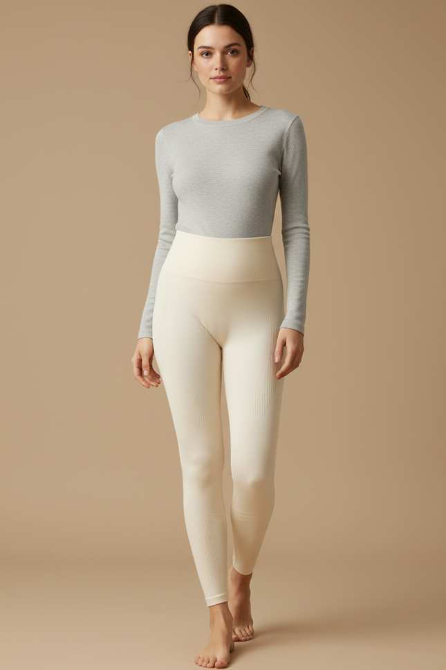 Pantalon Blanc Crème Côtelé Taille Haute Moulant Femme - Beige Maille
