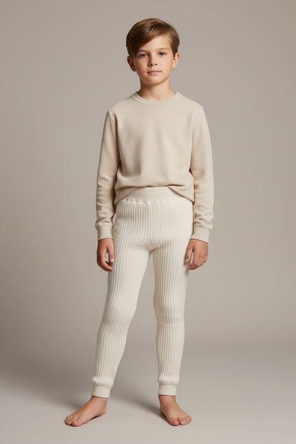 Pantalon Blanc Côtelé Élastique Doux Enfant - Beige Maille