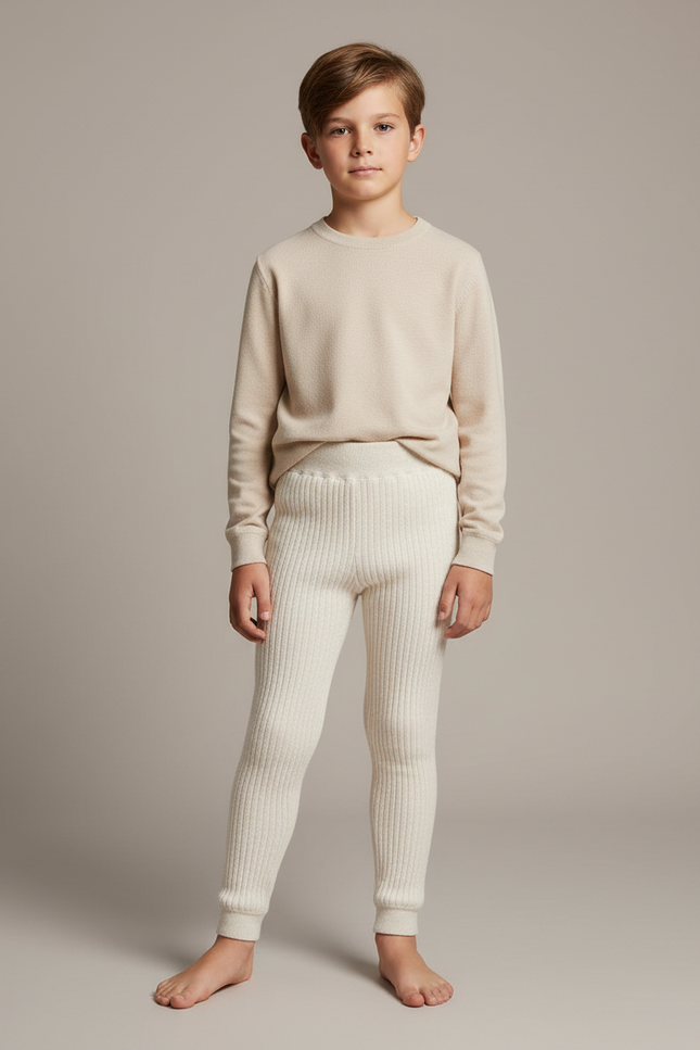 Pantalon Blanc Côtelé Élastique Doux Enfant - Beige Maille