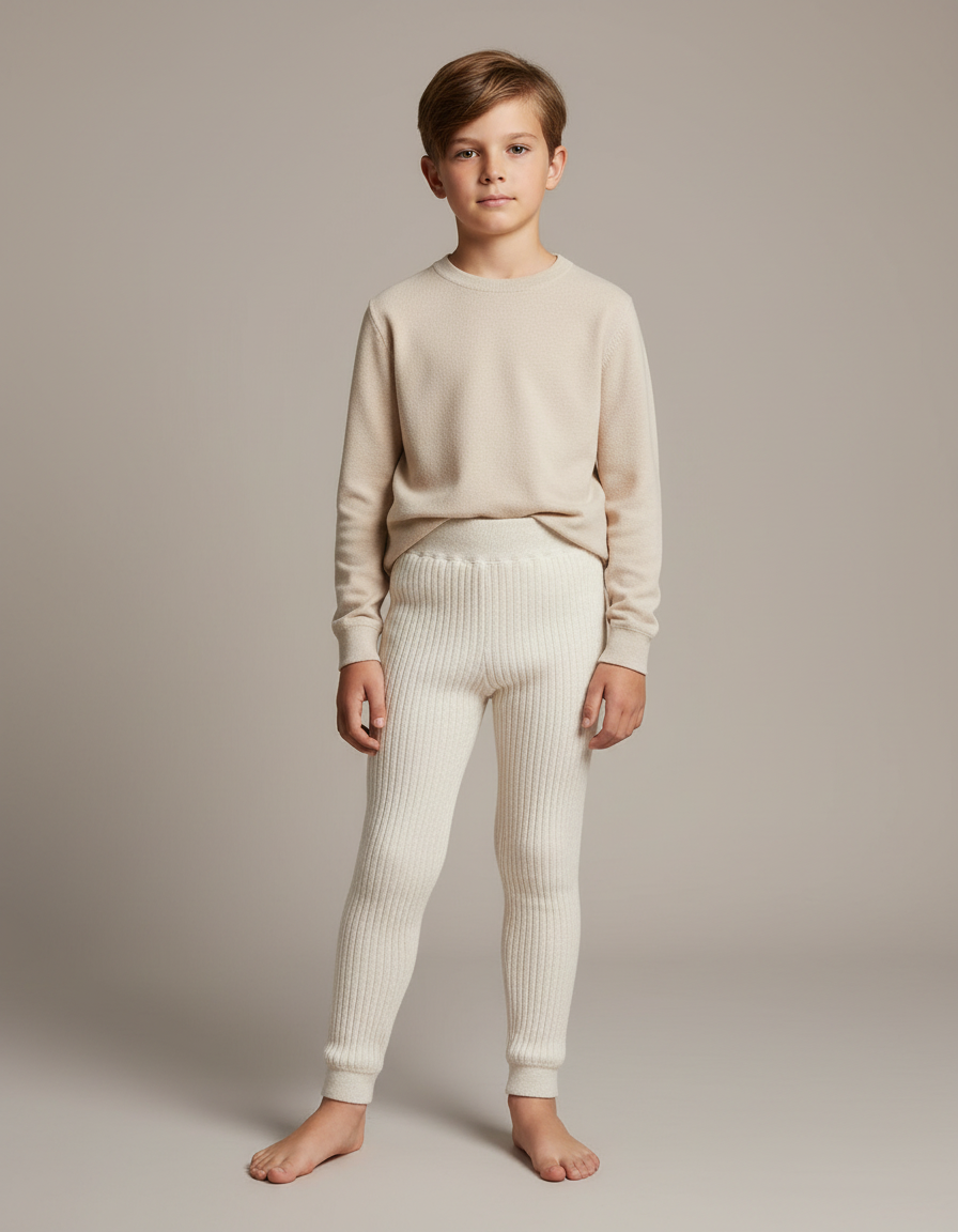 Pantalon Blanc Côtelé Élastique Doux Enfant - Beige Maille