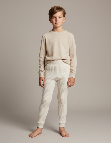 Pantalon Blanc Côtelé Élastique Doux Enfant - Beige Maille