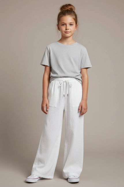 Pantalon Blanc Lin Ample Décontracté Enfant
