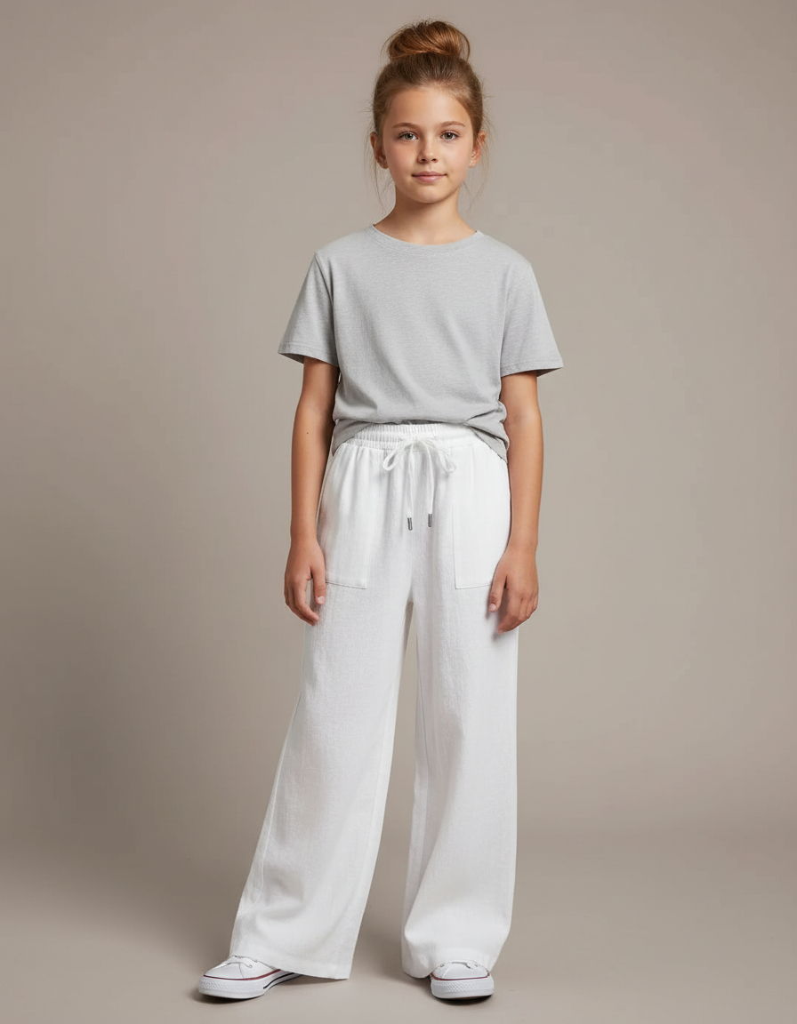 Pantalon Blanc Lin Ample Décontracté Enfant