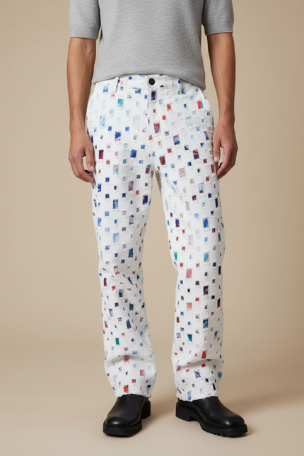 Pantalon Blanc Imprimé Carrés Colorés Denim Ample - Jean