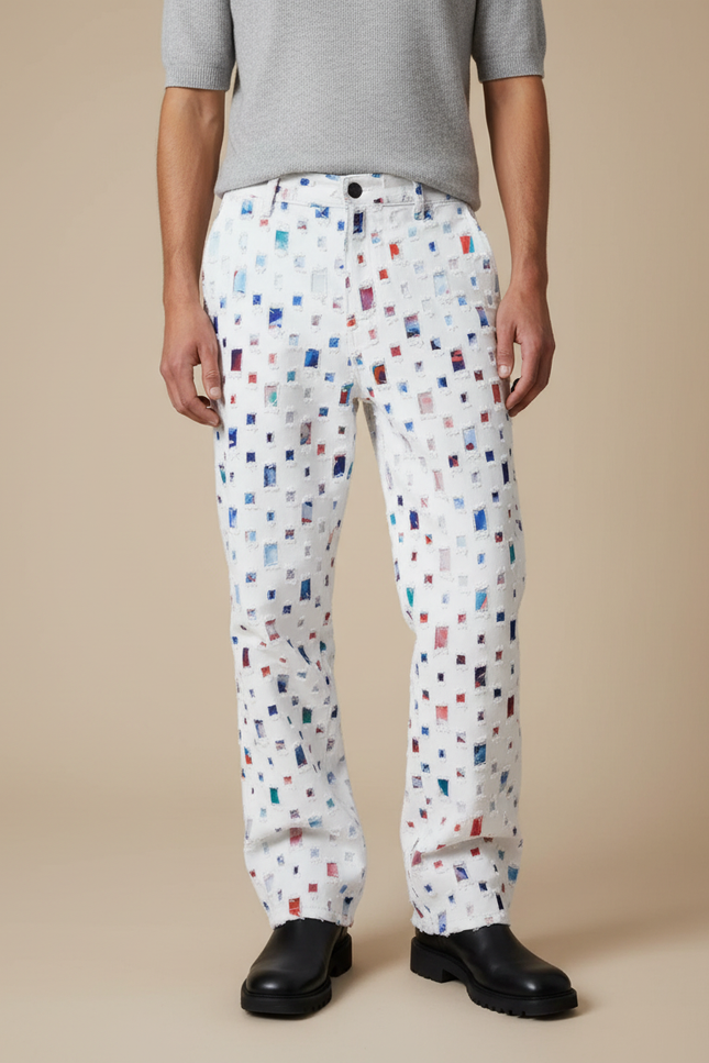 Pantalon Blanc Imprimé Carrés Colorés Denim Ample - Jean