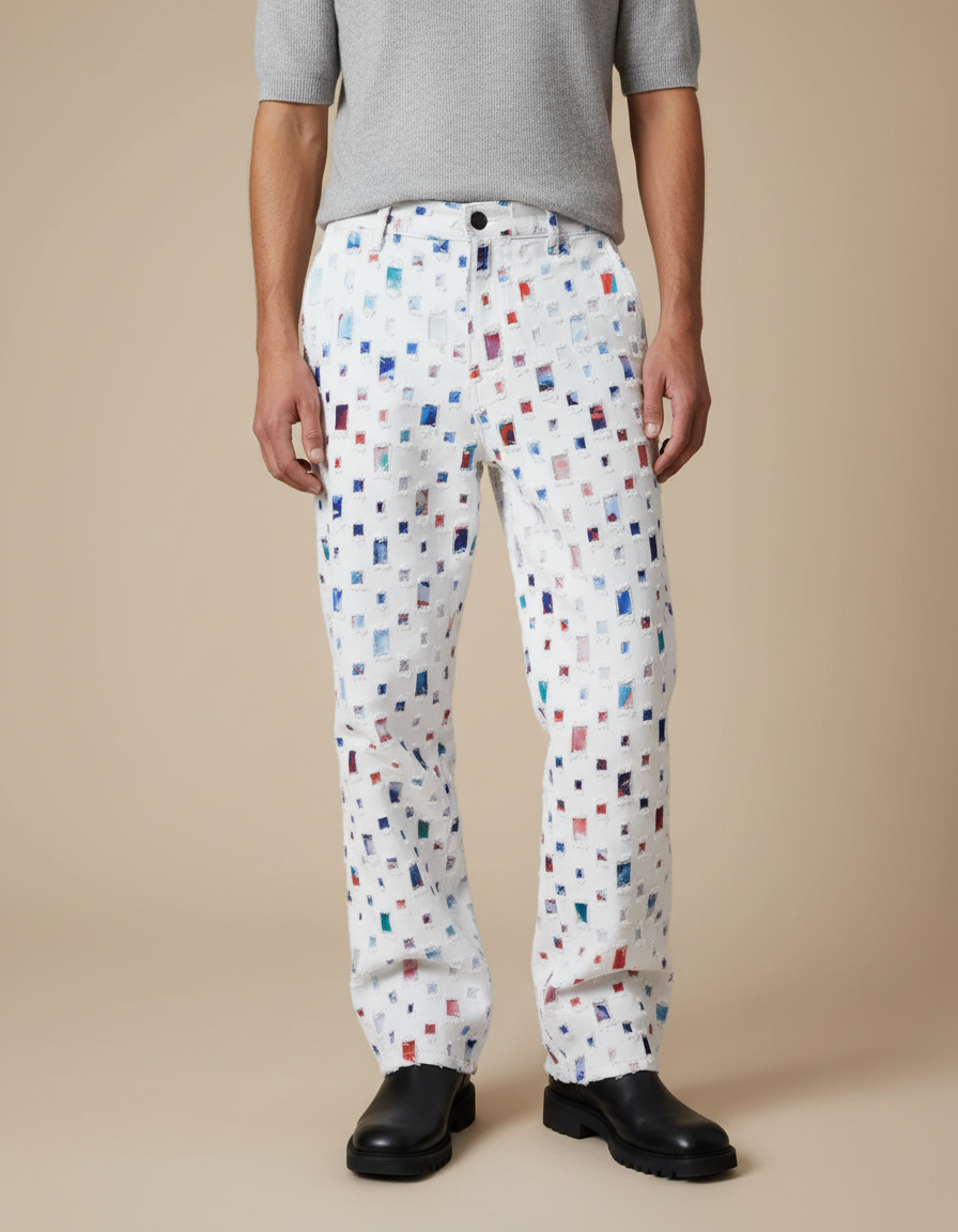 Pantalon Blanc Imprimé Carrés Colorés Denim Ample - Jean