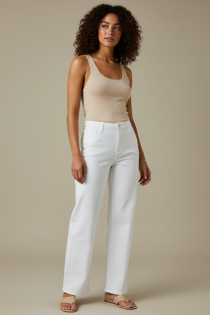 Pantalon Blanc Droit Décontracté Taille Haute Femme - Jean
