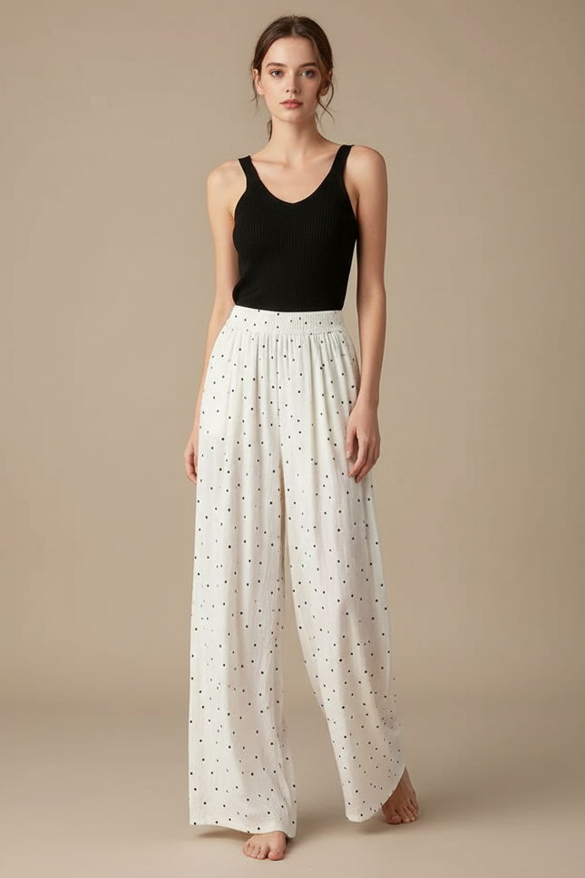 Pantalon Blanc Fluide Ample Décontracté À Pois - Lin