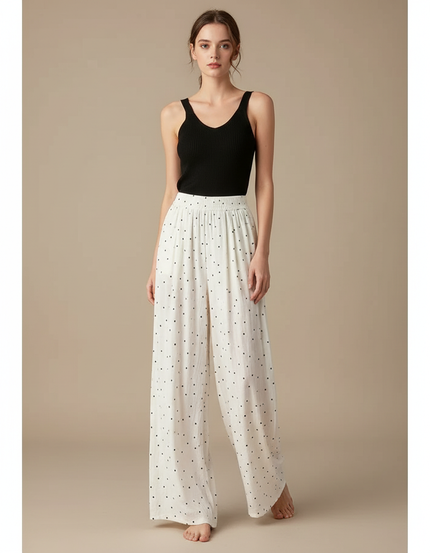 Pantalon Blanc Fluide Ample Décontracté À Pois - Lin