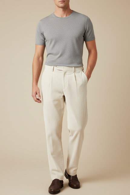 Pantalon Blanc Velours Côtelé Plissé Décontracté Homme - Cordé