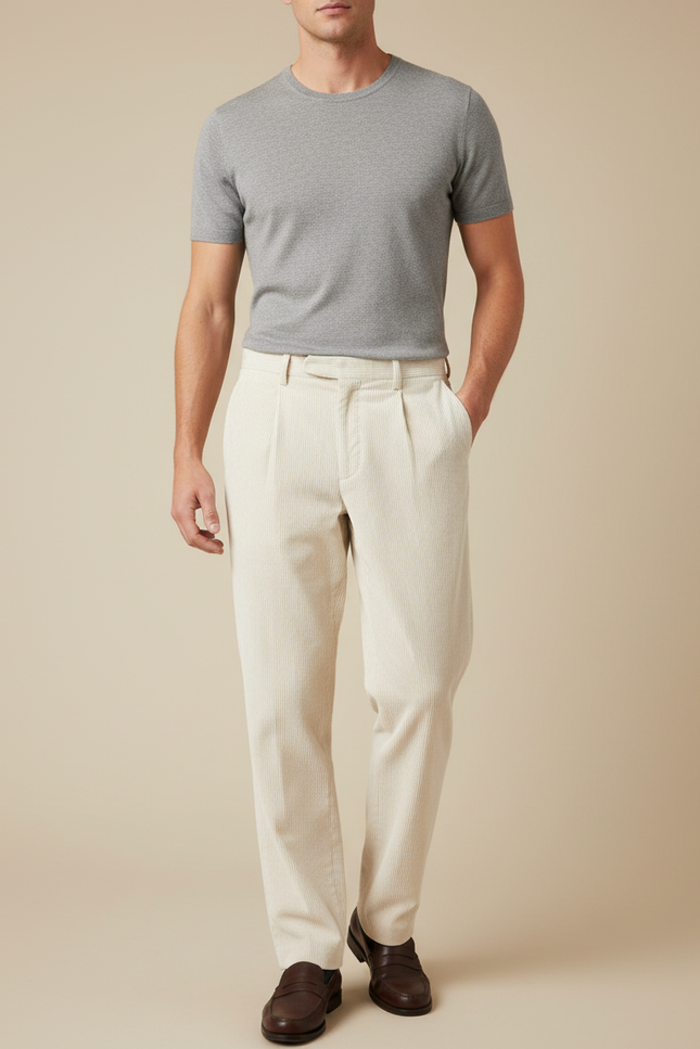 Pantalon Blanc Velours Côtelé Plissé Décontracté Homme - Cordé