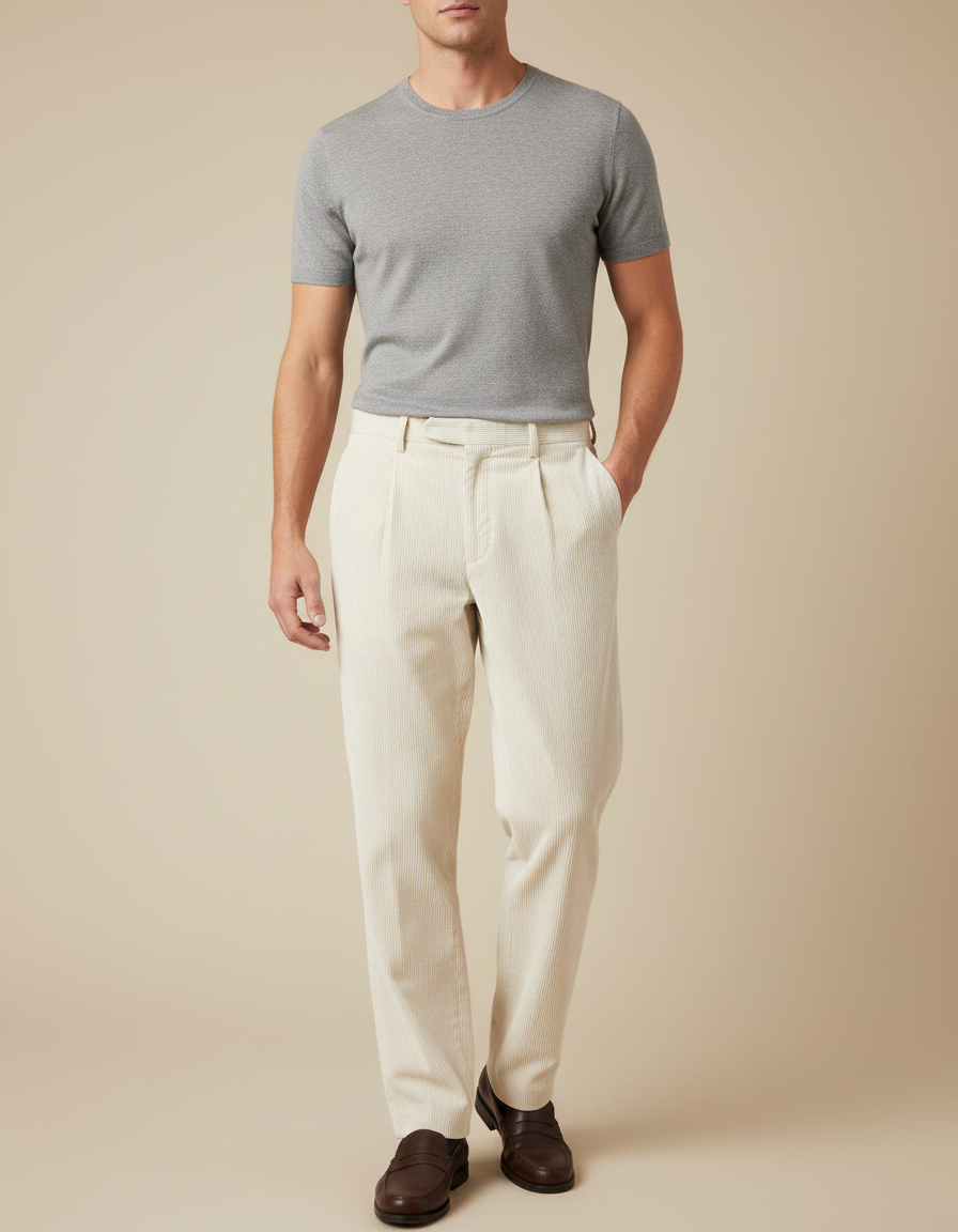 Pantalon Blanc Velours Côtelé Plissé Décontracté Homme - Cordé