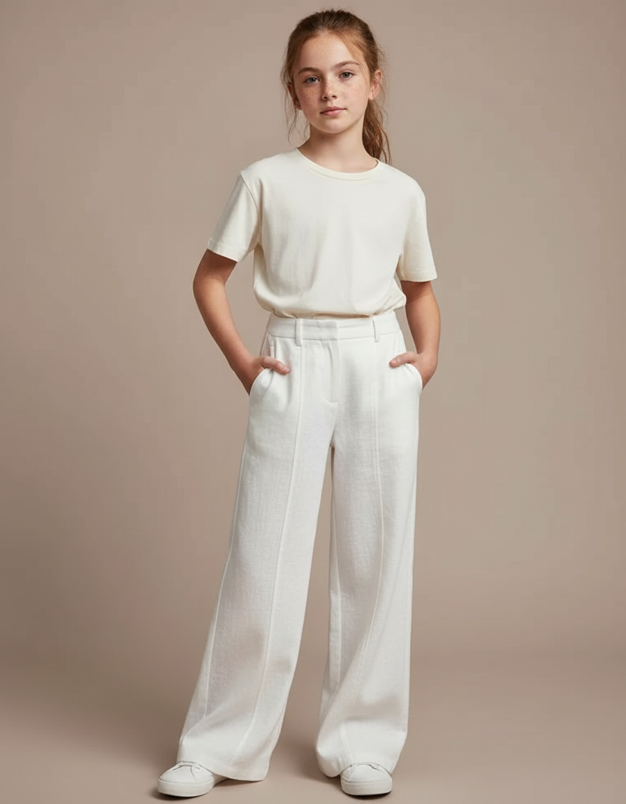Pantalon Blanc Lin Ample Droit Taille Haute