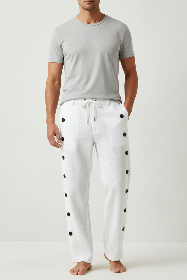 Pantalon Blanc Lin Boutons Latéraux Décontracté Homme