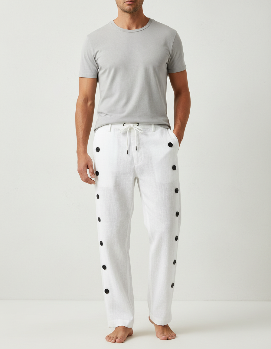 Pantalon Blanc Lin Boutons Latéraux Décontracté Homme