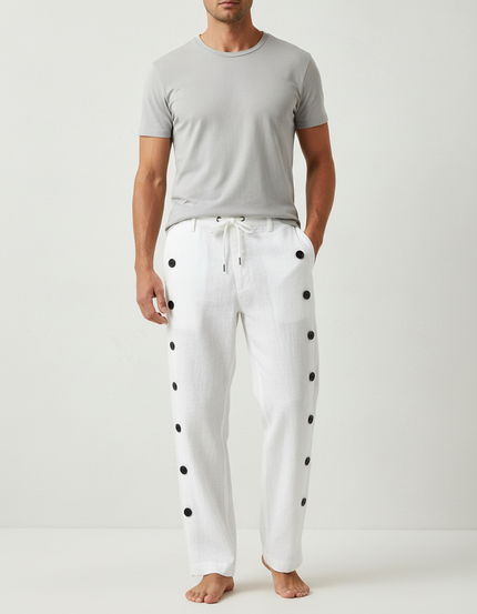 Pantalon Blanc Lin Boutons Latéraux Décontracté Homme