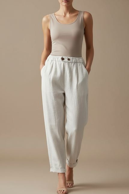 Pantalon Blanc Lin Taille Haute Ample Confortable Décontracté - Beige
