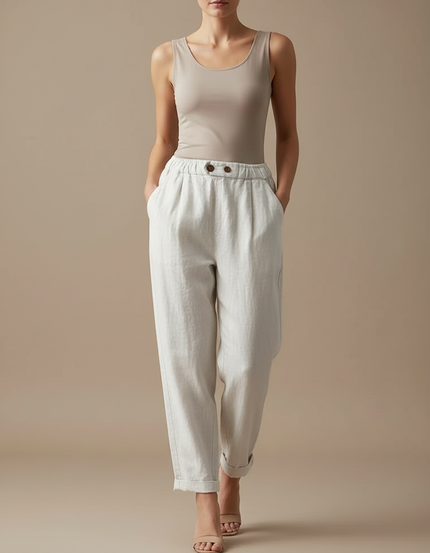 Pantalon Blanc Lin Taille Haute Ample Confortable Décontracté - Beige