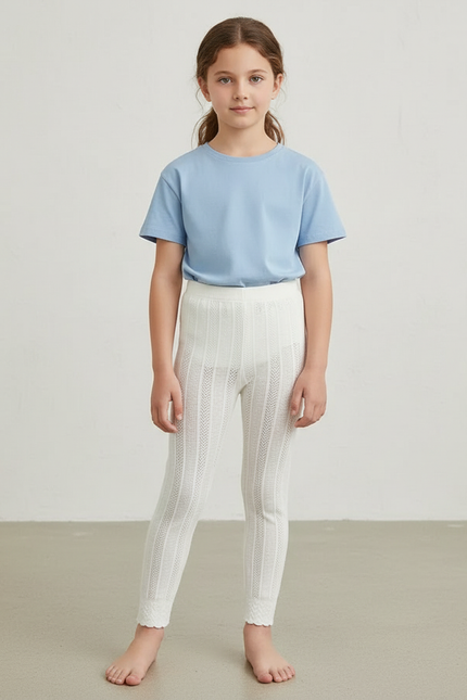 Pantalon Blanc Fille Dentelle Coton Stretch Scallopé - Maille