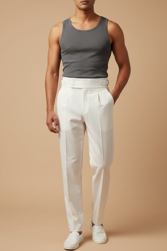 Pantalon Blanc Taille Haute Plissé Décontracté Homme - Lin