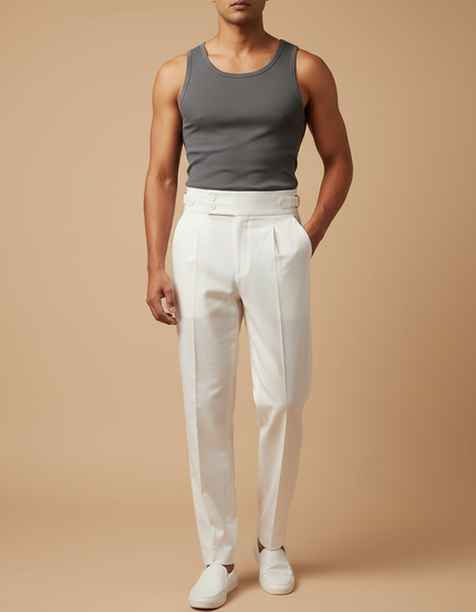 Pantalon Blanc Taille Haute Plissé Décontracté Homme - Lin
