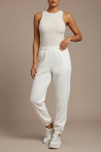 Pantalon Blanc Tricoté Câblé Confortable Jogger Femme - Molleton