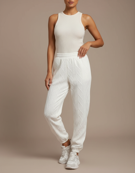 Pantalon Blanc Tricoté Câblé Confortable Jogger Femme - Molleton
