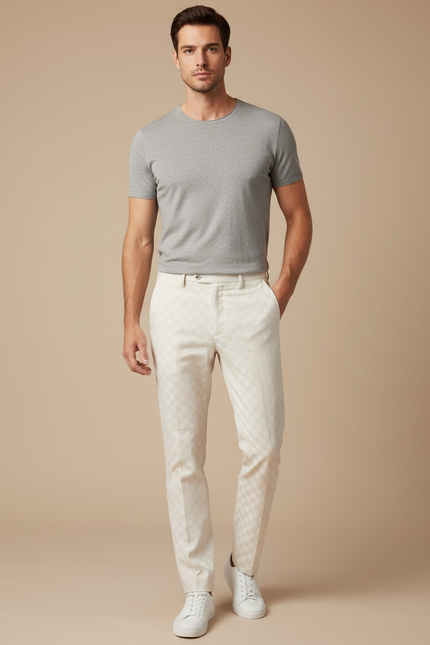 Pantalon Blanc Carreaux Homme Slim Chic Élégant - Coton