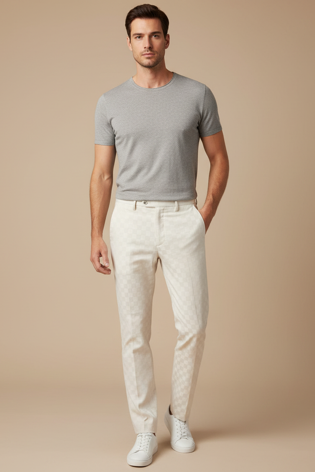 Pantalon Blanc Carreaux Homme Slim Chic Élégant - Coton