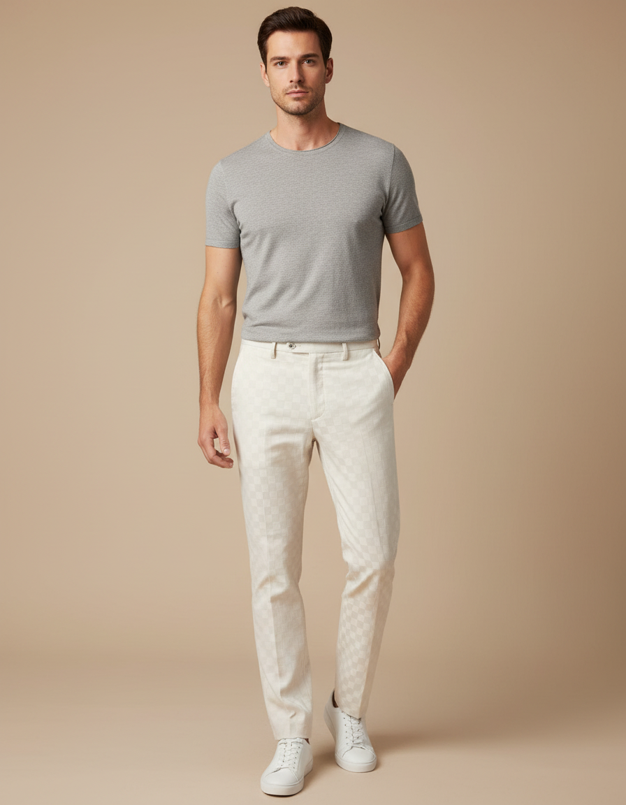Pantalon Blanc Carreaux Homme Slim Chic Élégant - Coton