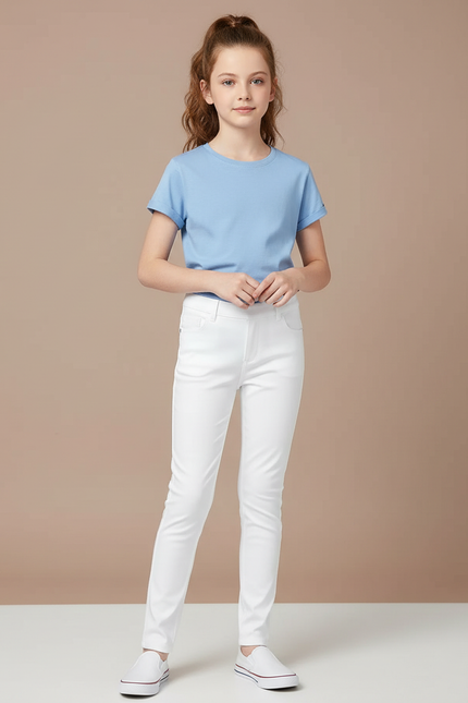 Pantalon Blanc Fille Slim Confortable Stretch Uni - Coton