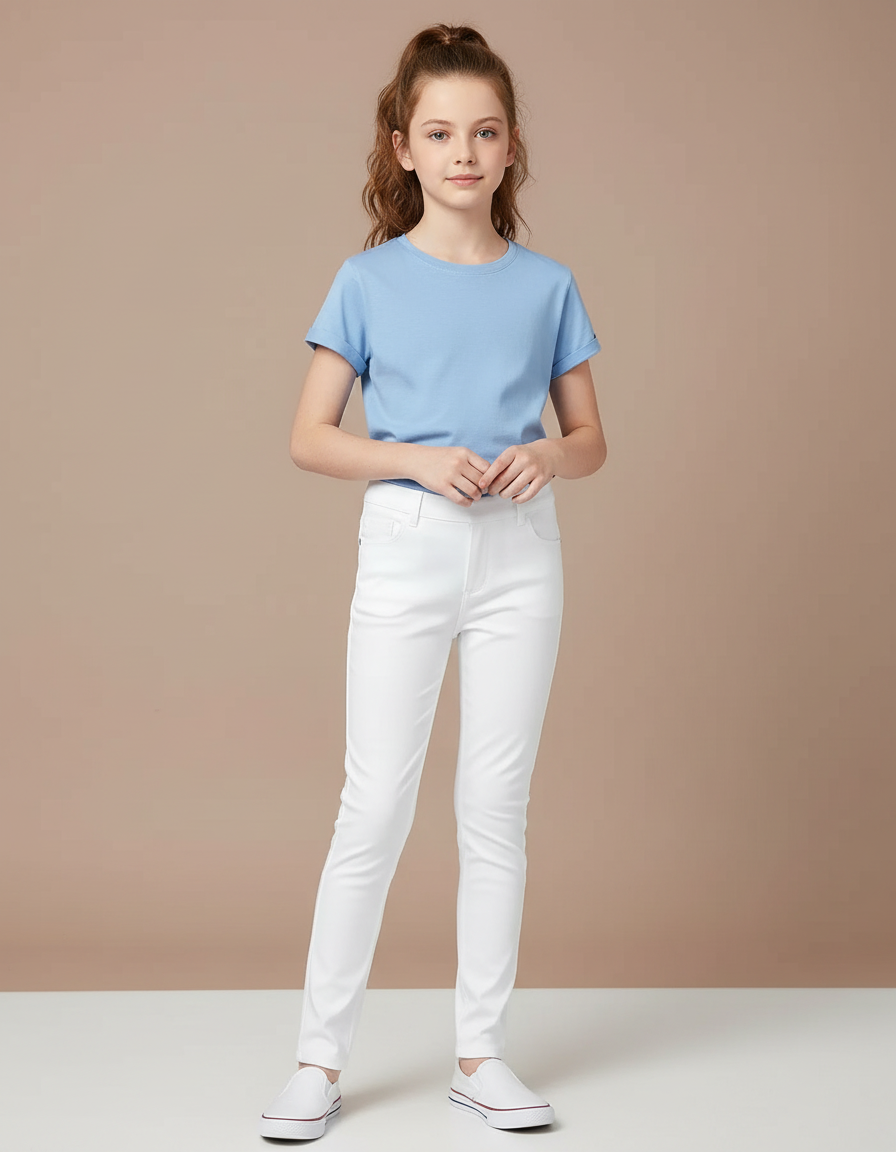 Pantalon Blanc Fille Slim Confortable Stretch Uni - Coton