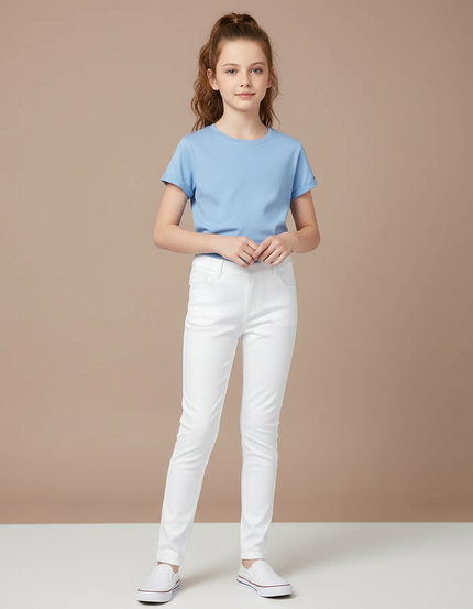 Pantalon Blanc Fille Slim Confortable Stretch Uni - Coton