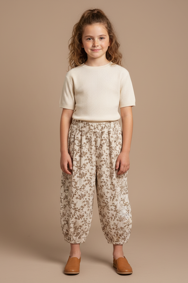 Pantalon Blanc Coton Fleuri Ample Enfant Fille