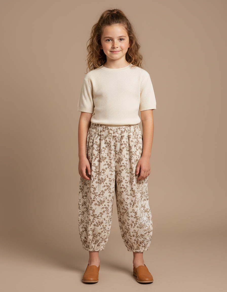 Pantalon Blanc Coton Fleuri Ample Enfant Fille