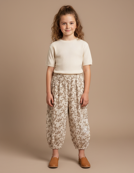 Pantalon Blanc Coton Fleuri Ample Enfant Fille