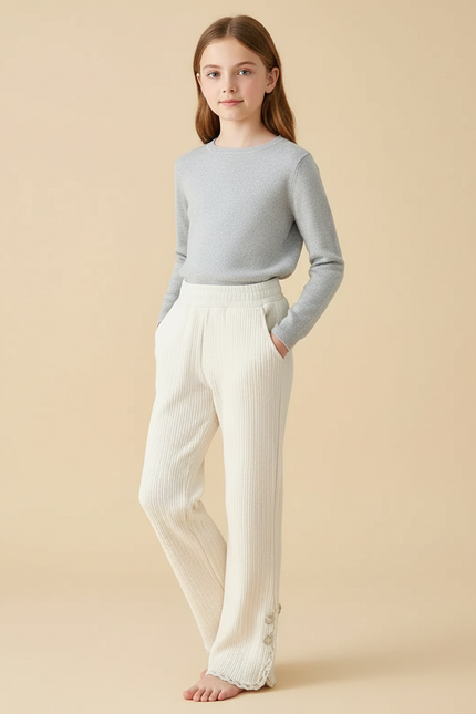Pantalon Blanc Côtelé Ample Décontracté Dentelle Boutons - Cordé